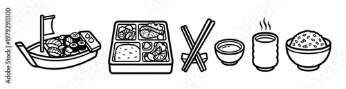 Japanese food items and dining elements are depicted in a clean, minimalist outline illustration style, showcasing various traditional dishes and utensils.
