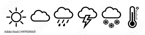 Weather icons representing various atmospheric conditions and temperature changes, including sun, clouds, rain, lightning, and snow, displayed in a clean outline style.