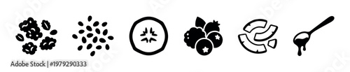 Food ingredients icons set for healthy breakfast and snack options, including granola, seeds, kiwi, berries, banana, and a spoon with syrup.