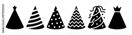 Six party hats with various festive designs are presented as black silhouette icons, perfect for celebrating birthdays and special occasions.