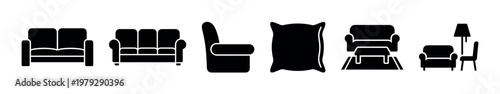 Living room furniture icons collection featuring various seating arrangements and decorative elements for home interior design and comfort.