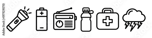Emergency preparedness items are essential for safety during natural disasters and unexpected events, depicted as simple outline icons.