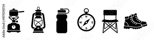 Camping gear icons set featuring essential outdoor equipment for adventure, hiking, and wilderness exploration, depicted in a clean, modern silhouette style.
