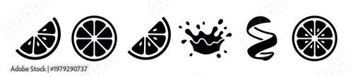 Citrus fruit slices, wedges, juice splash, and peel icons are presented in a clean, minimalist black silhouette vector graphic style for various design applications.