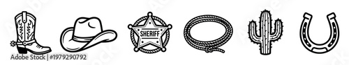 Cowboy boot hat sheriff badge lasso cactus horseshoe icons representing the classic Wild West culture and traditional ranch life in a simple black and white line art style.