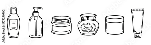 Beauty product containers collection line art illustration set showcasing various cosmetic bottles, jars, and tubes for skincare and personal care packaging designs.