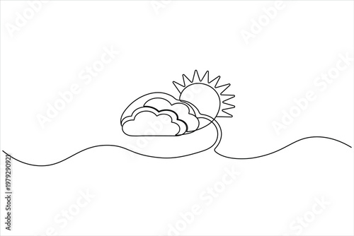 Sun cloud continuous one line drawing minimalist landscape icon design
