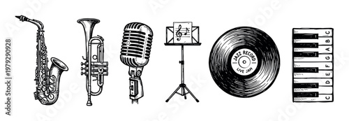 Musical instruments and jazz music elements in a hand-drawn style, including a saxophone, trumpet, microphone, record, and piano keys, creating a vintage music concept.