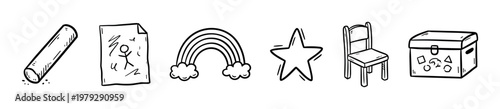 Hand drawn doodle icons set includes various common objects for childhood, play, and education, such as chalk, a child's drawing, a rainbow, a star, a small chair, and a toy box.