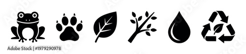 Frog, paw print, leaf, branch, water drop, recycle symbol are essential elements for illustrating environmental protection, ecological sustainability, and the importance 