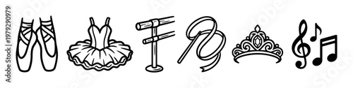 Ballet dance and music themed icons set in outline style, featuring pointe shoes, a tutu, barre, ribbon, tiara, and musical notes.