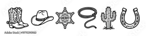 Cowboy boots, hat, sheriff badge, lasso, cactus, and horseshoe are classic Western symbols depicted in a clean, black and white line art style.