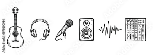 Music production equipment icons set featuring a guitar, headphones, microphone, speaker, sound wave, and mixing console in a hand-drawn style.