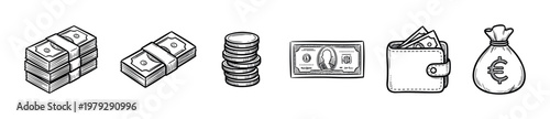 Money and finance hand drawn icons set featuring various currency elements like stacks of banknotes, coins, a wallet, and a euro money bag in a sketch style.