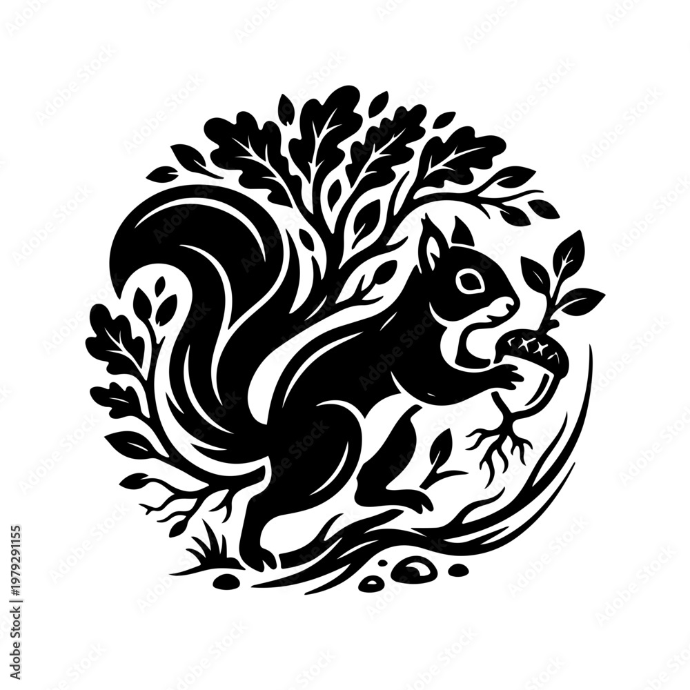Fototapeta premium icon of a squirrel integrated with organic leaf elements. This clean vector design symbolizes forest conservation, environmental protection, and the harmony of nature's ecosystem