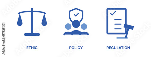 Ethic policy and regulation icons with justice scale and law symbols for firm.