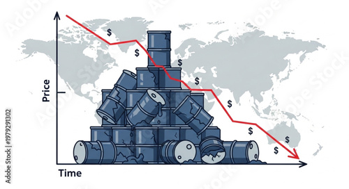Oil price crash graph with barrels and world map.