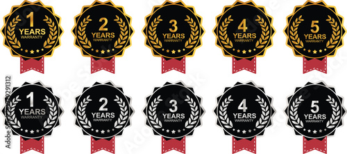 Warranty badges set with one to five years guarantee labels for product coverage and service assurance