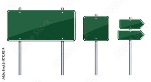 Blank green road sign vector set on metal poles, providing customizable templates for highway directions, street names, and navigational information display