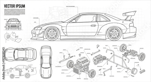 Detailed blueprint schematic of a performance sports car.