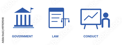 Government law and conduct icons for public administration and ethics.