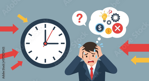 Stressed businessman with clock.