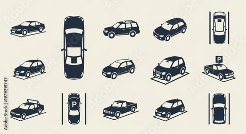 Collection of Various Car Icons in Different Views.