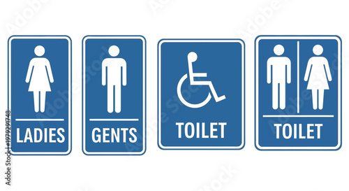 Universal blue and white graphic signs for public restrooms male, female, accessible, and all-gender facilities, enabling clear identification and easy navigation