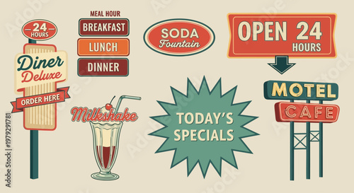 Vintage Diner and Motel Signs Featuring Breakfast, Lunch, Dinner, Soda Fountain, Milkshake, and 24 Hour Specials