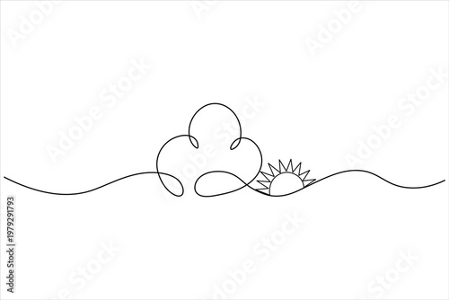 Sun cloud continuous one line drawing minimalist landscape icon design
