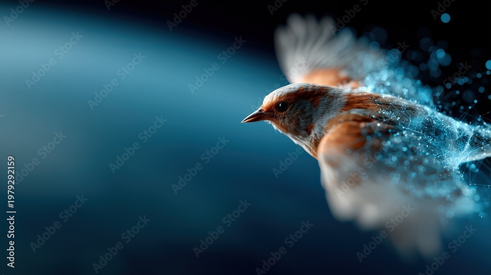 Obraz premium A vibrant bird in mid-flight against a dynamic, evolving background, representing freedom and nature. ..Created with Generative AI, not depicting real subjects.