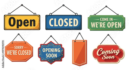 Collection of various open, closed, and coming soon shop signs, perfect for business and retail signage needs