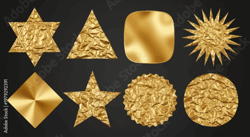 Set of golden abstract shapes and elements with textured foil effect on dark background