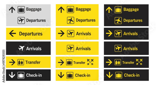 Vector airport navigation signs set. Icons for baggage, arrivals, departures, transfer, check-in guide travelers through terminals. Clear directional graphics for efficient passenger flow