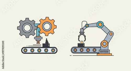 Industrial automation with conveyor belts and robotic arm.