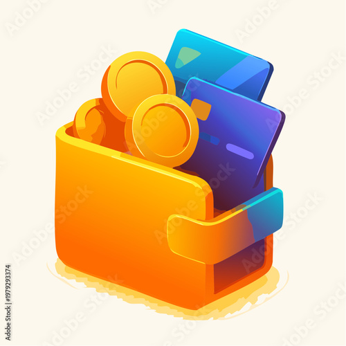 Bright orange wallet overflowing with golden coins and sleek credit cards, symbolizing wealth and financial transactions