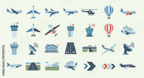 Collection of Aviation Icons and Symbols Representing Air Travel.