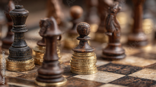 Chess pieces on a board with gold coins replaced as pawns, strategic investment