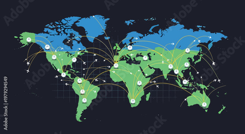 Global Flight Routes World Map Illustration with International Air Travel Connectivity, Logistics Network, and Aviation Hubs.