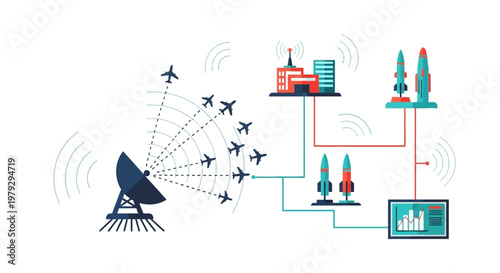 Air Defense Radar System Monitoring Aircraft and Integrated Military Missile Command Center Illustration.