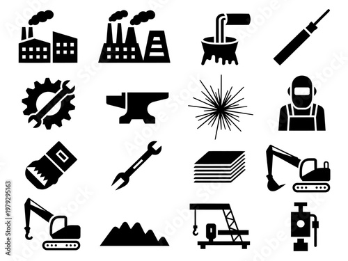 Black silhouettes of industrial construction tools and equipment icons on white background