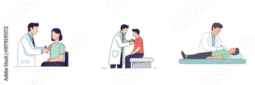 Medical examination icons depicting a doctor checking a patient's vital signs and physical health with diagnostic tools