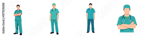 Medical professionals in scrubs, including doctors and nurses, with stethoscopes, representing healthcare and hospital staff