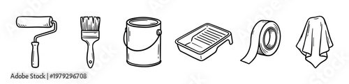 Painting tools and supplies vector illustration set for home renovation projects including brushes, rollers, paint cans, trays, tape, and drop cloths.