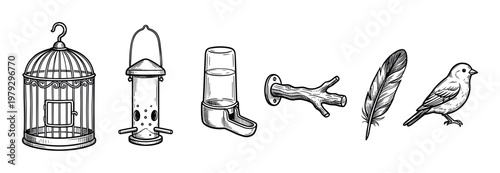 Various bird care accessories and elements are depicted in a vintage style, including a cage, feeder, waterer, perch, feather, and a small bird.
