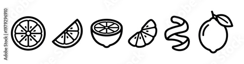 Lemon fruit icons in various forms, including whole, half, slice, and peel, presented as a minimalist black outline vector illustration.