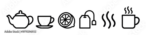Tea preparation elements icons set illustrating a teapot, teacup, lemon slice, tea bag, and steaming mug, perfect for hot beverage concepts.