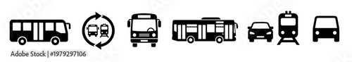 Public transportation vehicle icons representing various modes of travel including buses, cars, and trains for urban mobility and transit solutions.