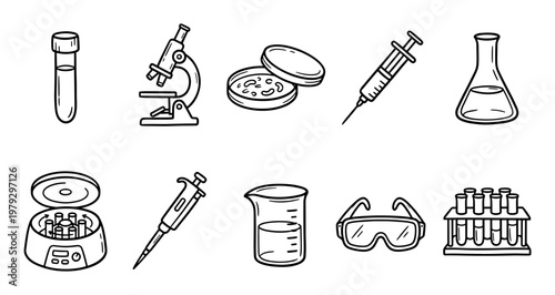 Laboratory equipment icons set with various scientific tools including test tubes, microscope, petri dish, syringe, and flask for research and medical concepts.