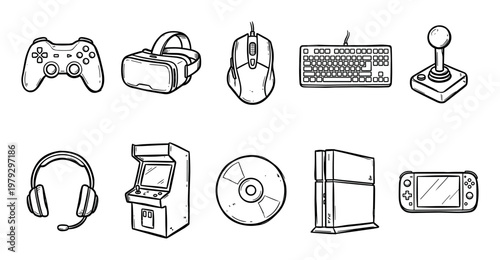 Gaming equipment and accessories hand drawn doodle vector illustration set showcasing various devices for video game enthusiasts and players.